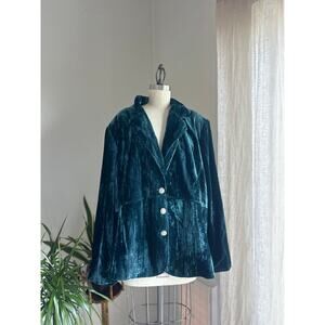 Women's XL Blazer Teal Crushed Velvet Glam Statement Jacket Vintage